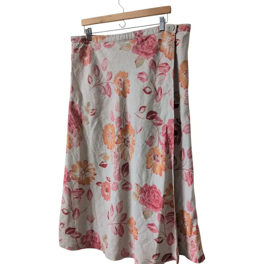 Vintage Eddie Bauer Linen Wrap Skirt Womens 16 - Floral 90s Beige Pink Cottage